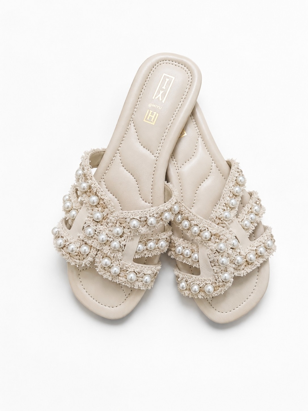 Beige Pearl Embellished Slide Sandals – Elegant Women’s Shoes
